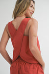 T3187ST CROSSED BACK DETAIL LINEN TOP: S / TOFFEE