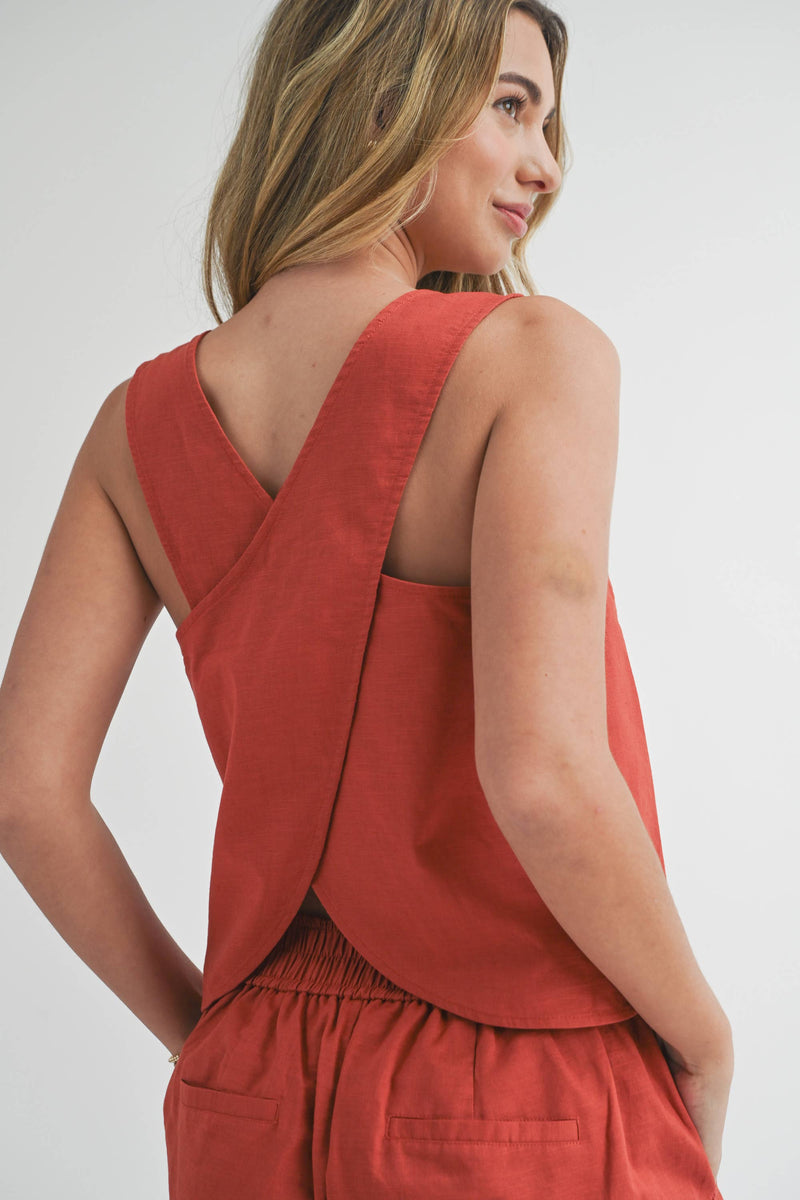 T3187ST CROSSED BACK DETAIL LINEN TOP: S / TOFFEE