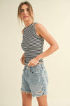 T3734  STRIPE PATTERN RIBBED TOP: S / Contemporary / BLACK/WHITE