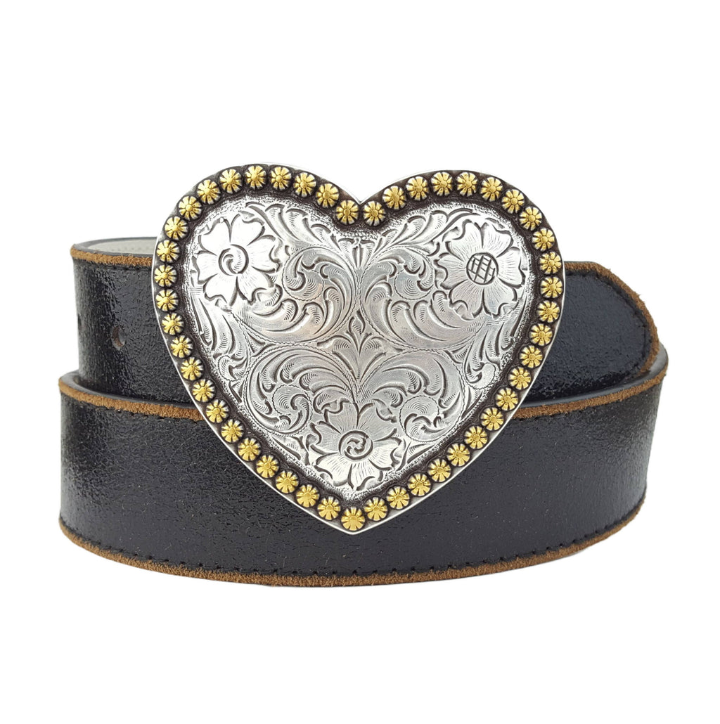 Western Heart Buckle w. Vintage Leather belt: Black / S