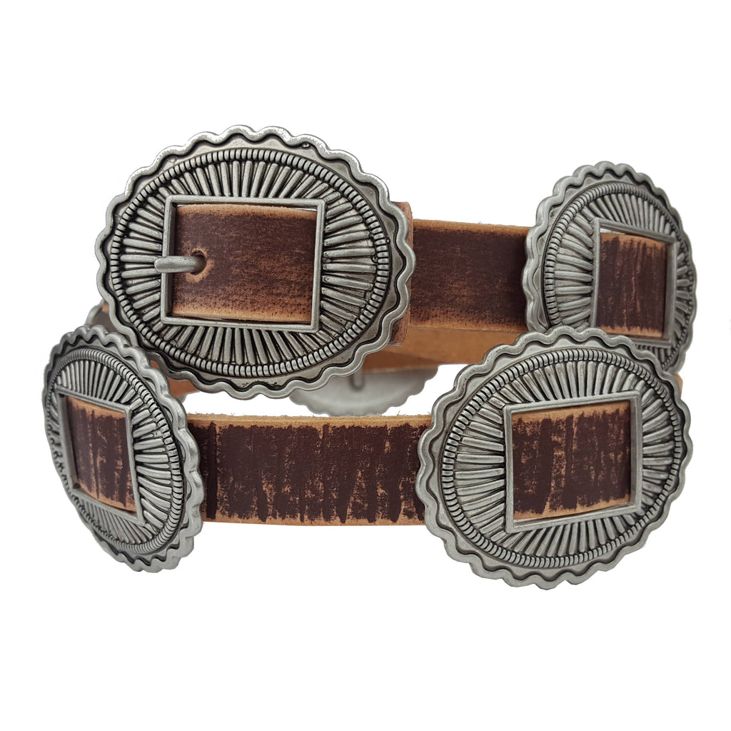 Western Genuine Distressed Leather belt w. packed Concho: Brown / M/L