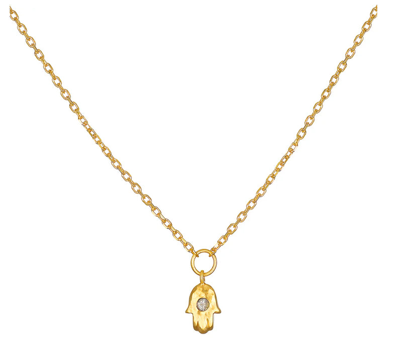 In the softest whisper of gratitude, we welcome abundant blessings from the Universe. An 18kt gold plated mini hamsa pendant necklace signifies protection and blessings. An accent of labradorite—stone of imagination, perseverance, and truth—adds meaning a