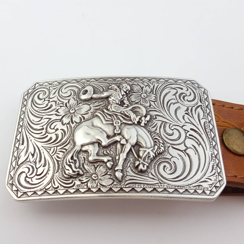Silver Rodeo Buckle with Vintage floral tooled belt: Tan / M