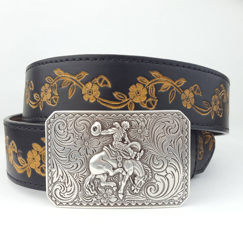 Silver Rodeo Buckle with Vintage floral tooled belt: Tan / M