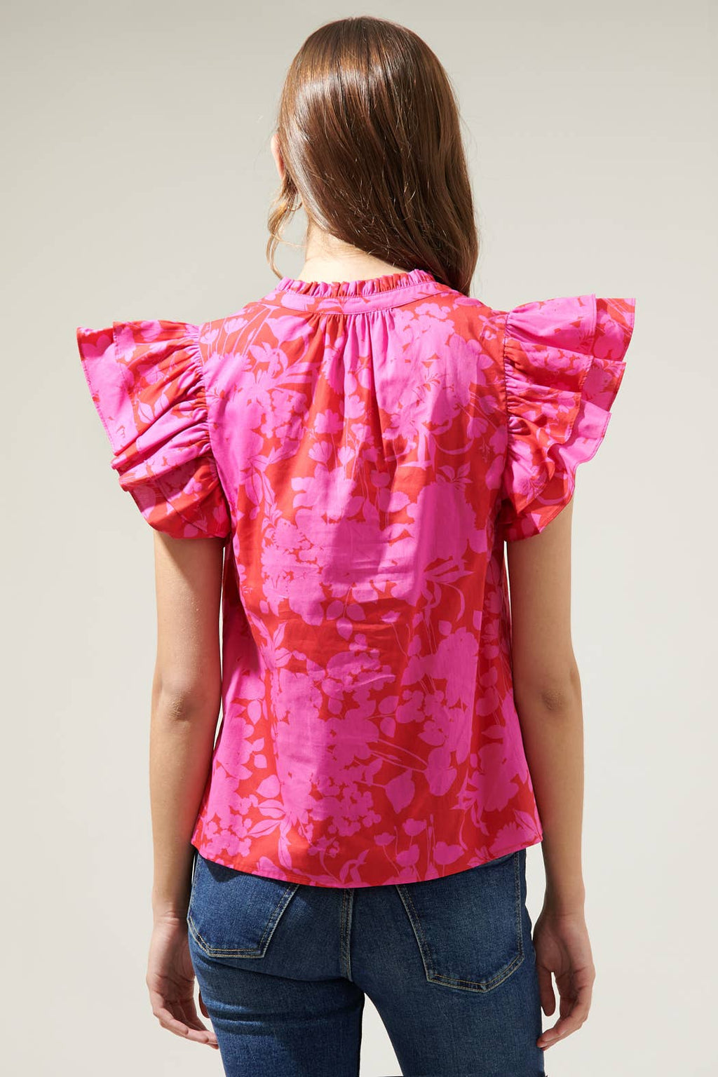 Blissa Floral Ruffle Sleeve Top: CHERRY-FUCHSIA / L