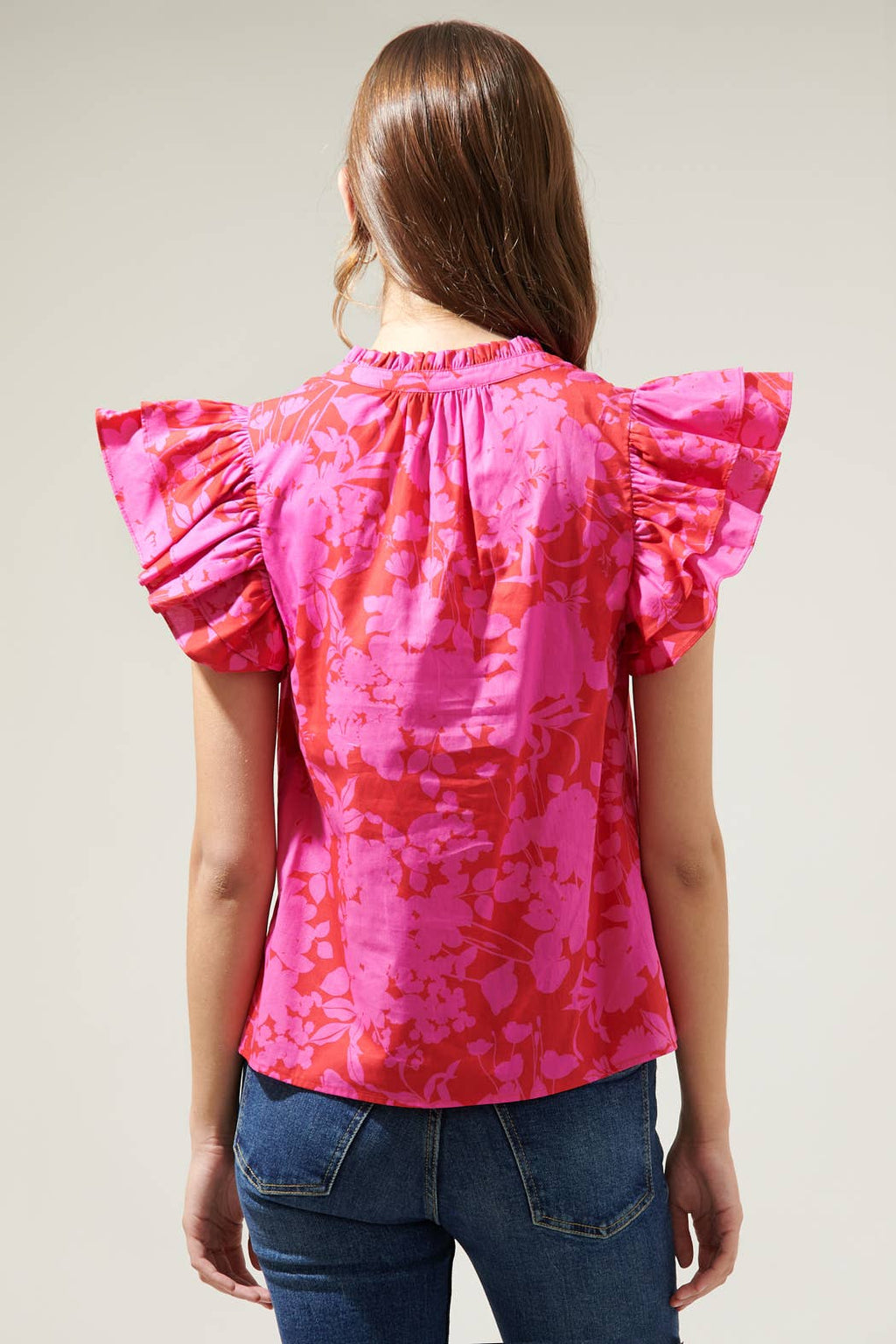 Blissa Floral Ruffle Sleeve Top: CHERRY-FUCHSIA / S