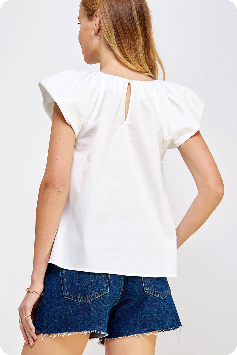 V-Neck Puff Sleeves Poplin Top: Green / S