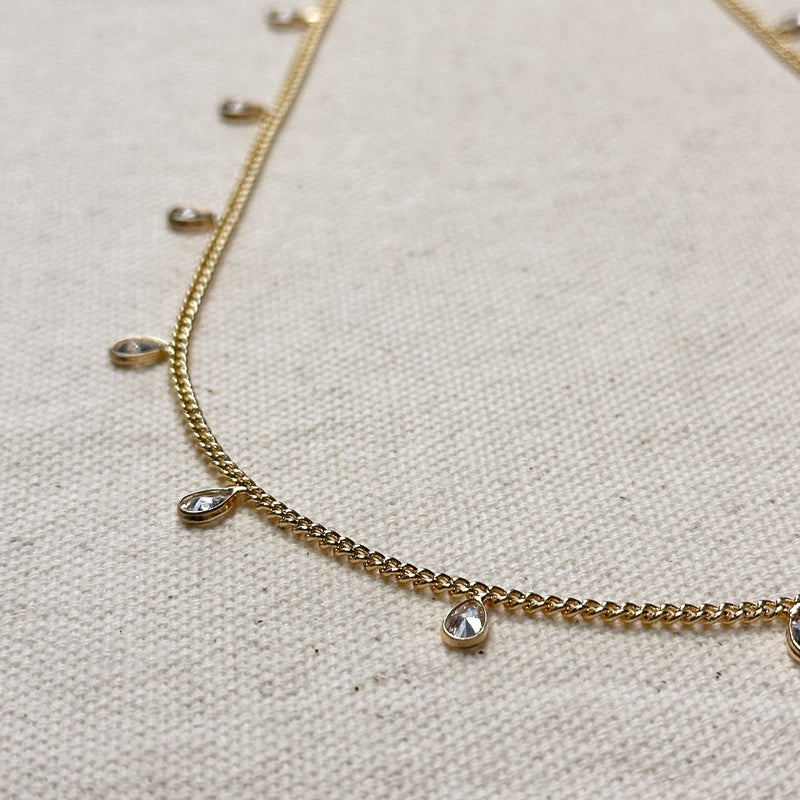 18k Gold Filled 2mm Curb Chain With Bezel CZ Drops Necklace: 14+2 extender
