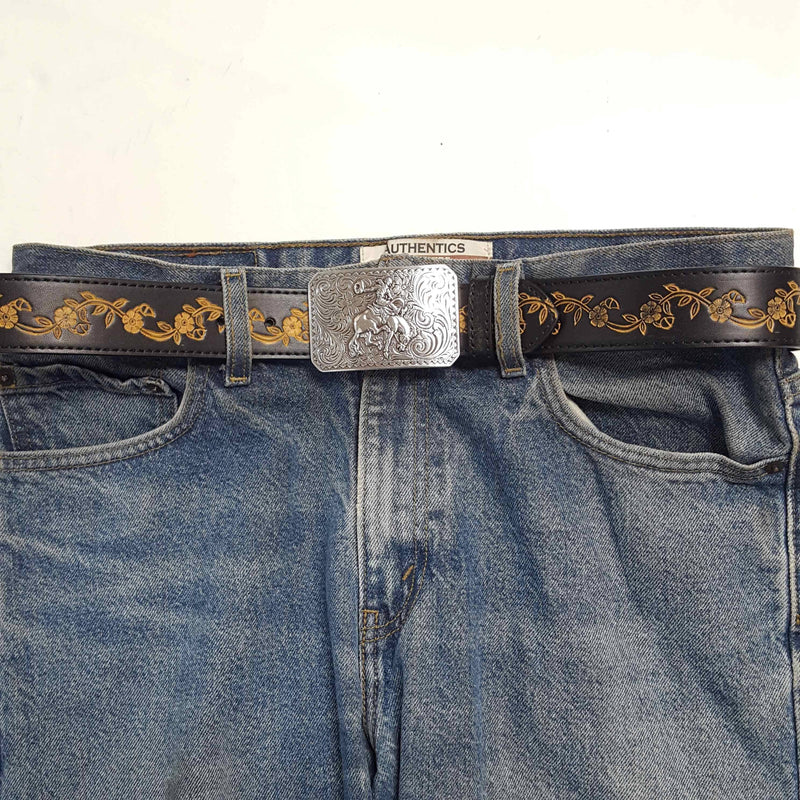 Silver Rodeo Buckle with Vintage floral tooled belt: Tan / M
