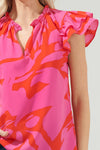 Jolene Abstract Bellissima Ruffle Sleeve Top: RED-FUCHSIA / L