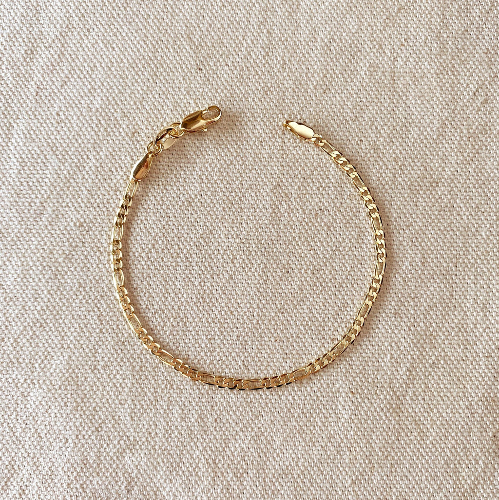 18k Gold Filled 2.5mm Flat Figaro Chain Bracelet: 7 inches