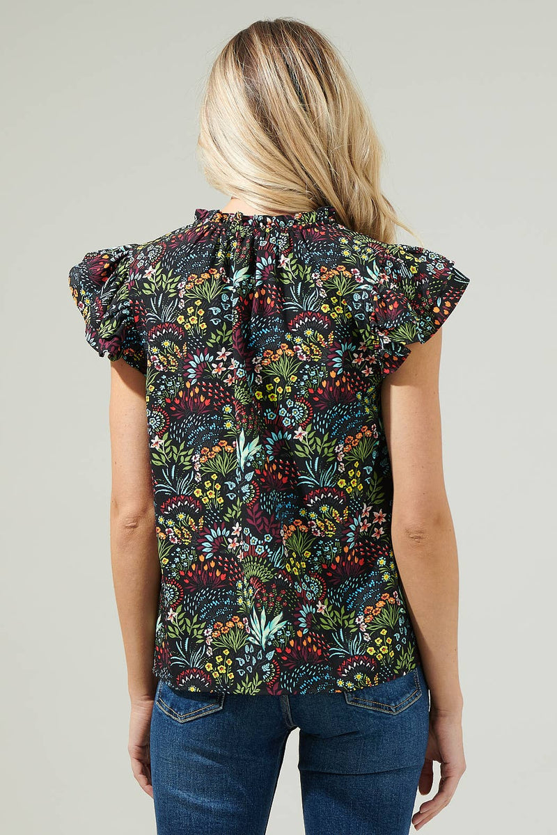 Yorbie Floral Bellissima Ruffle Sleeve Top: BLACK-MULTI / S