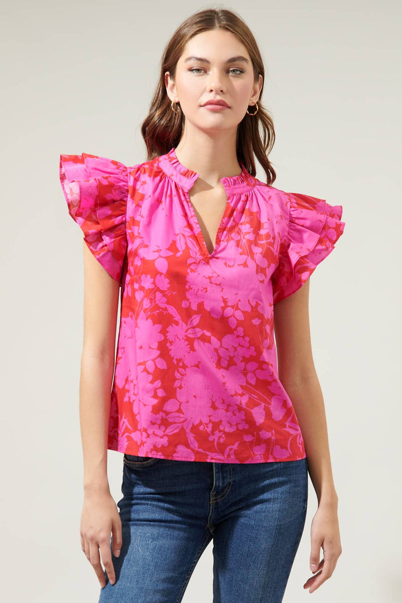 Blissa Floral Ruffle Sleeve Top: CHERRY-FUCHSIA / XL