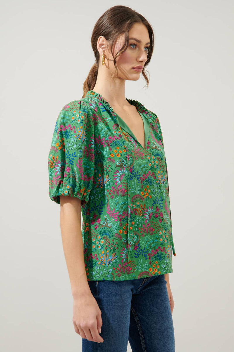 Ruya Floral Bluebay Puff Sleeve Blouse: KELLY-MULTI / L