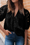 LDC Hollow-out Embroidered Puff Sleeve Blouse: Black / M