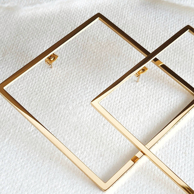 18K gold plated brass square geometric big hoop big earrings