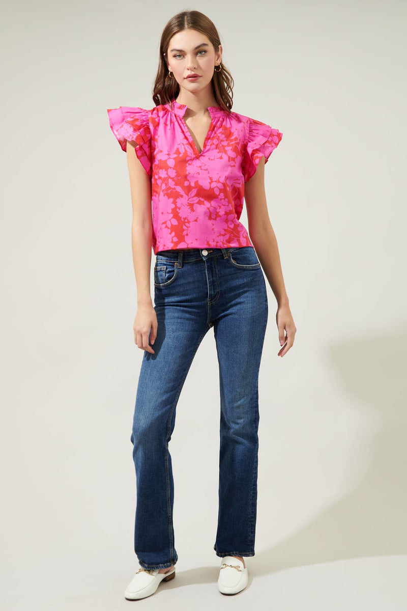 Blissa Floral Ruffle Sleeve Top: CHERRY-FUCHSIA / XL