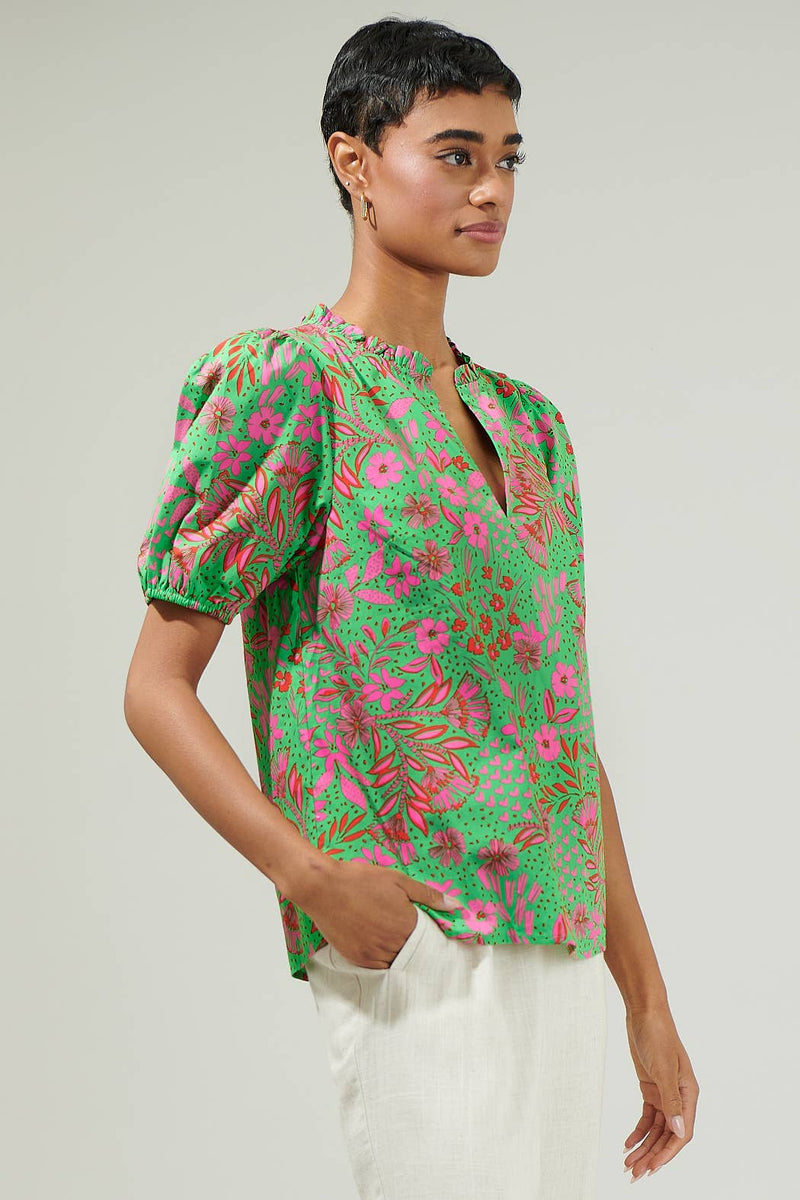 Jade Floral Kenni Split Neck Top: KELLY-RED-PINK / S