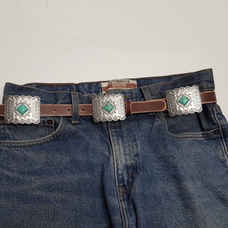 Western Genuine Distressed Leather belt w.Rectangular concho: Black / S/M