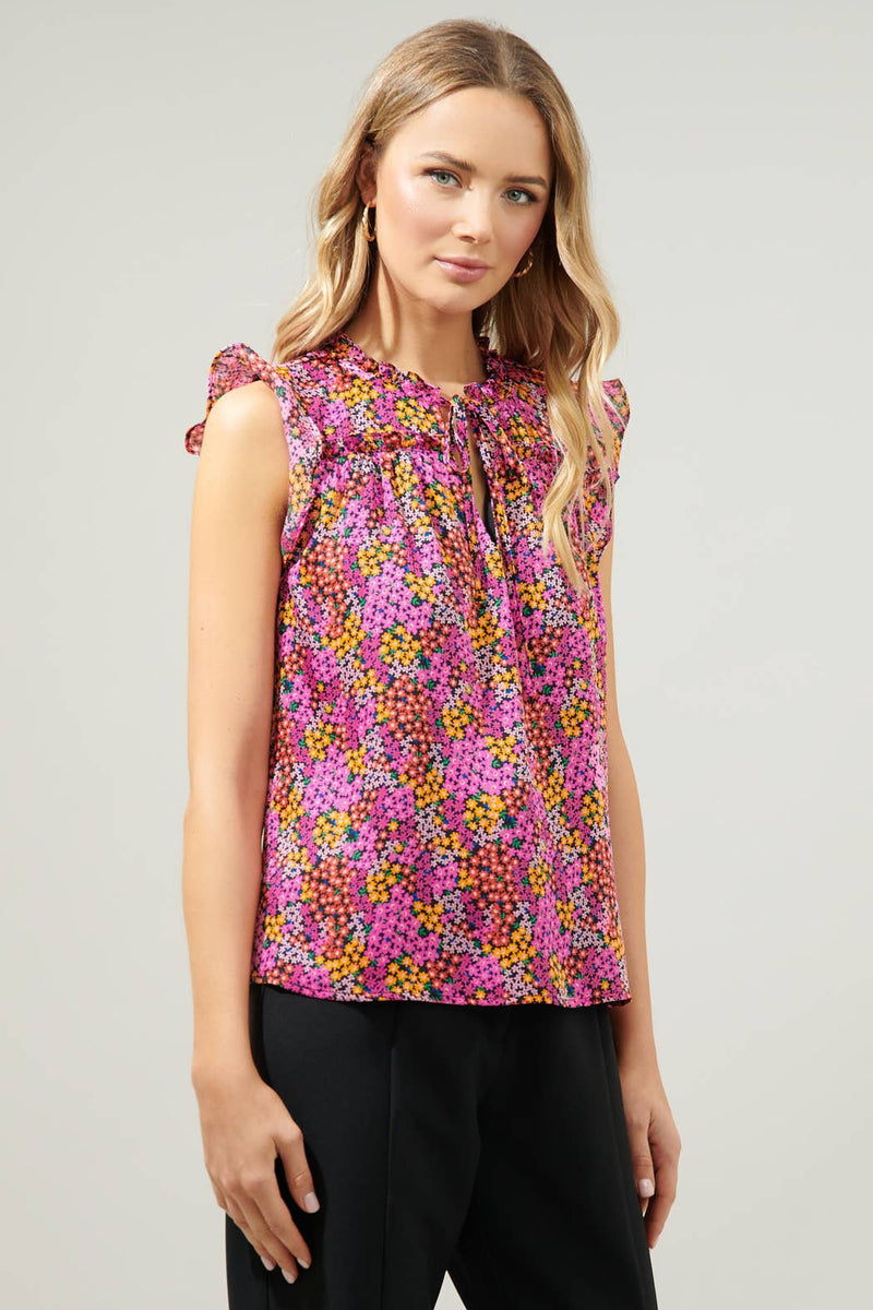 Hitachi Flamingo Floral Emile Ruffle Blouse: Pink-Red / S