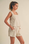 T3187ST CROSSED BACK DETAIL LINEN TOP: S / TOFFEE