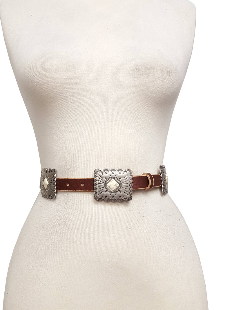 Western Genuine Distressed Leather belt w.Rectangular concho: Black / S/M
