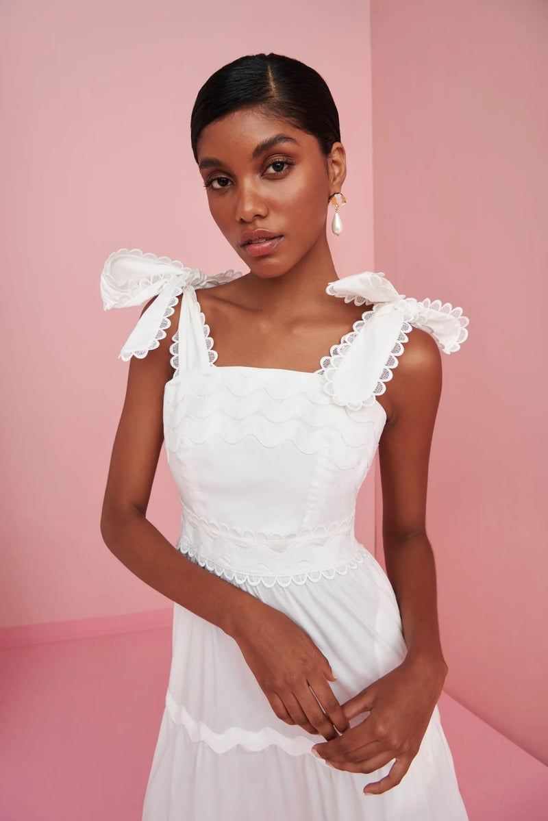 di strappy white dress. The embroidered details make this piece the perfect, fun summer must-have.

79%COTTON 18% NYLON 3% SPANDEX