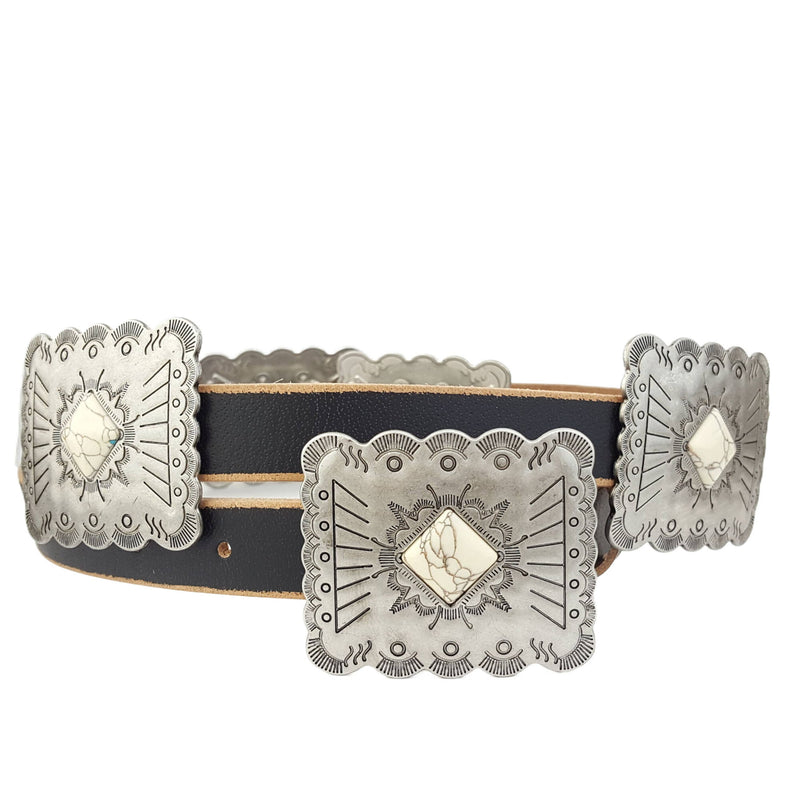 Western Genuine Distressed Leather belt w.Rectangular concho: Black / S/M