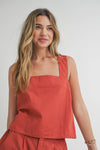 T3187ST CROSSED BACK DETAIL LINEN TOP: S / TOFFEE