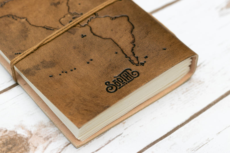 World Map 7x5 Handmade Leather Journal: Blonde/Tan
