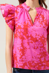 Blissa Floral Ruffle Sleeve Top: CHERRY-FUCHSIA / XL