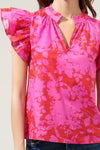 Blissa Floral Ruffle Sleeve Top: CHERRY-FUCHSIA / M
