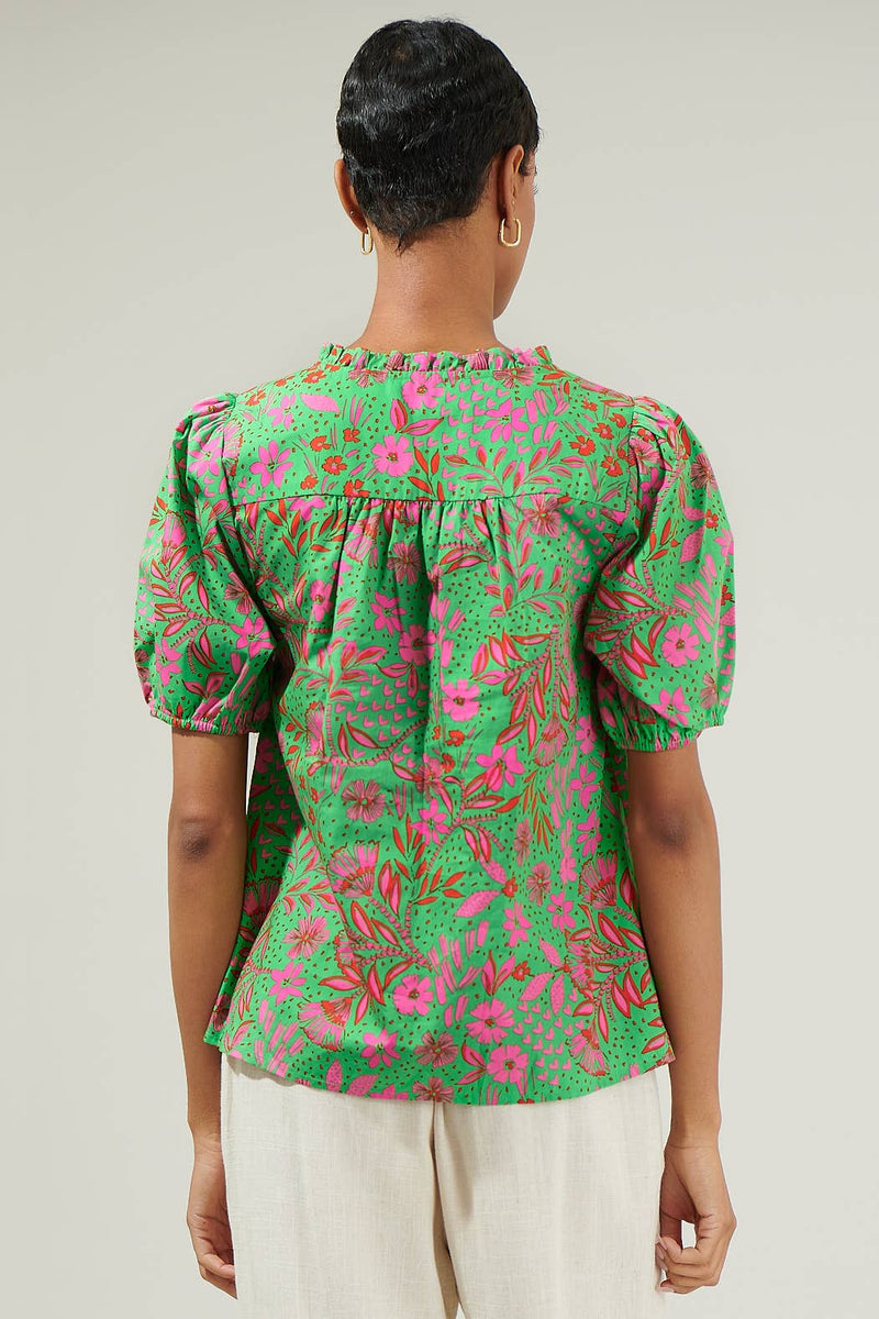 Jade Floral Kenni Split Neck Top: KELLY-RED-PINK / S