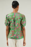 Jade Floral Kenni Split Neck Top: KELLY-RED-PINK / XS