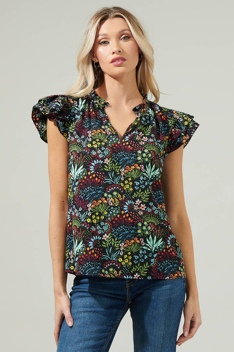 Yorbie Floral Bellissima Ruffle Sleeve Top: BLACK-MULTI / XL