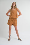 T3187ST CROSSED BACK DETAIL LINEN TOP: S / TOFFEE