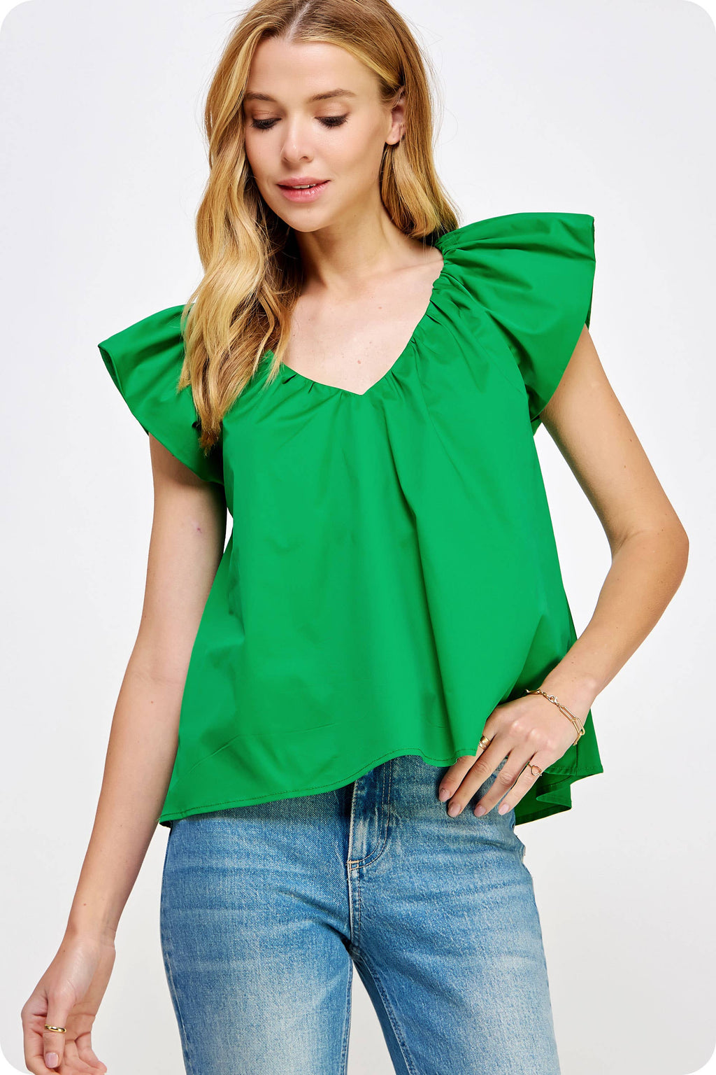 V-Neck Puff Sleeves Poplin Top: Green / S