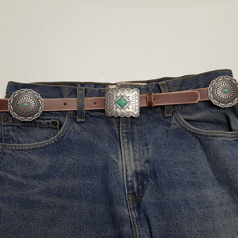 Western Genuine Distressed Leather belt Alternating Conchos: Black / S/M