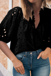 LDC Hollow-out Embroidered Puff Sleeve Blouse: Black / L