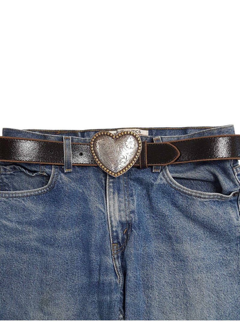 Western Heart Buckle w. Vintage Leather belt: Black / S