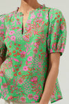 Jade Floral Kenni Split Neck Top: KELLY-RED-PINK / XS