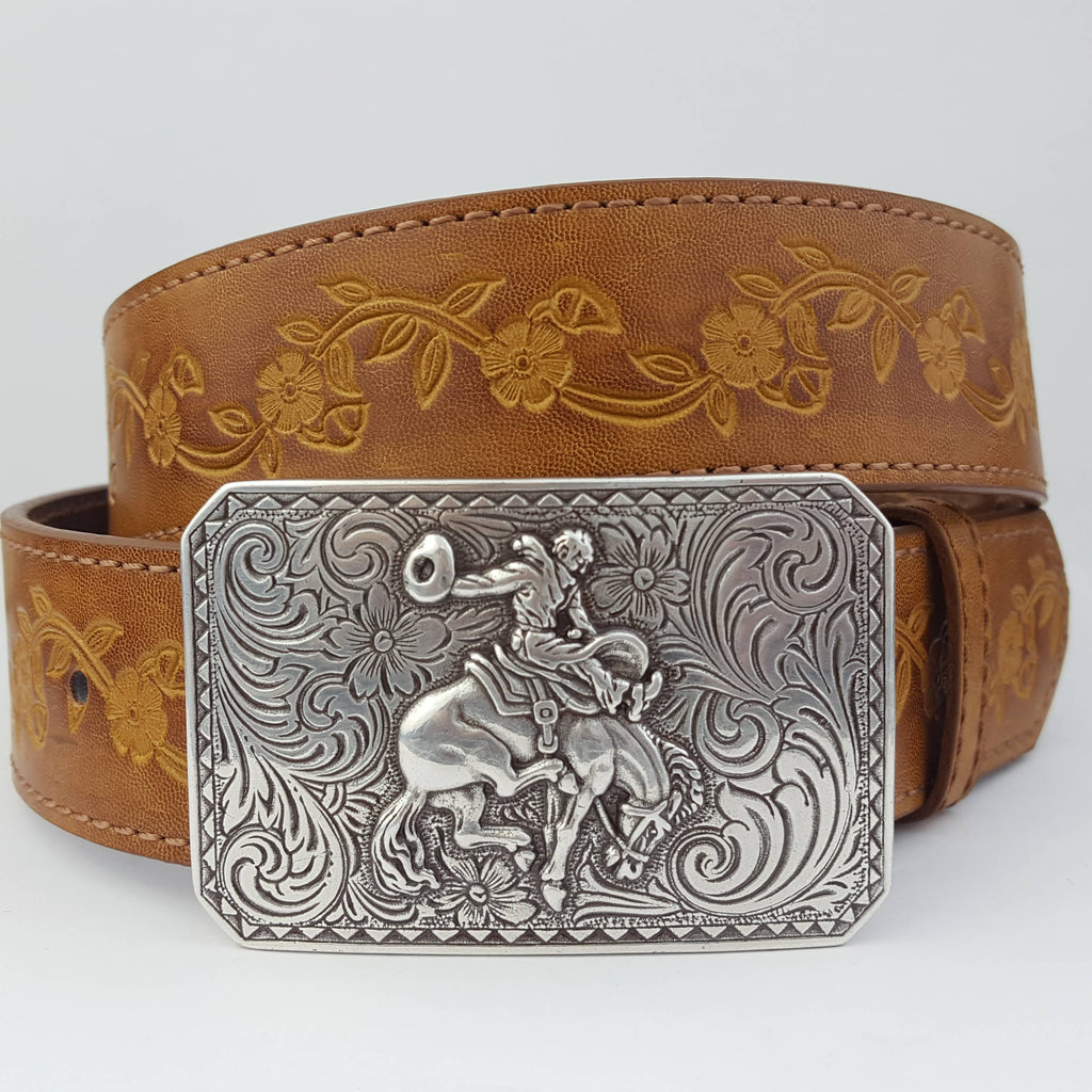 Silver Rodeo Buckle with Vintage floral tooled belt: Tan / M