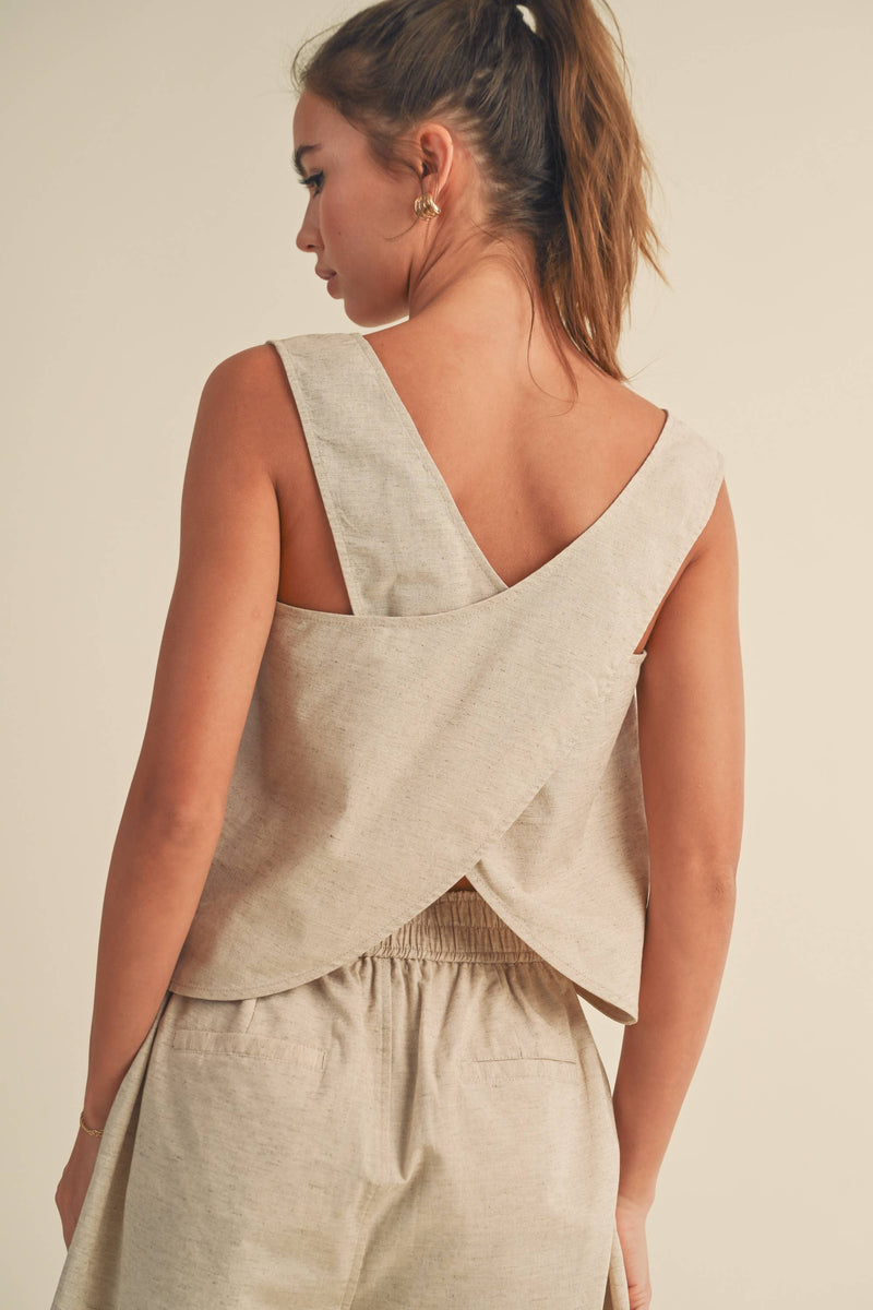 T3187ST CROSSED BACK DETAIL LINEN TOP: S / TOFFEE