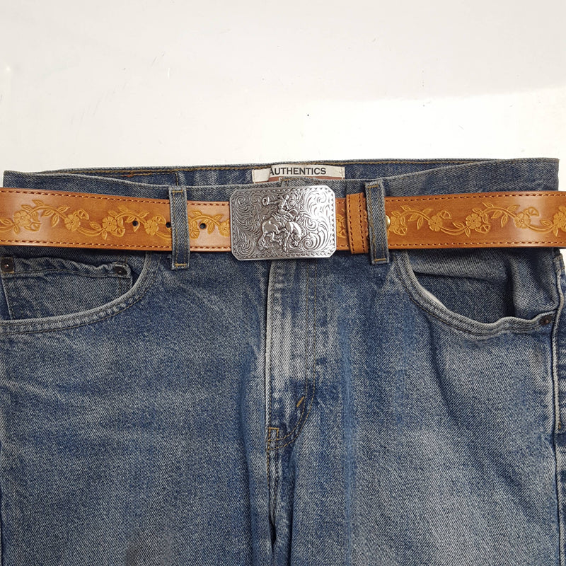 Silver Rodeo Buckle with Vintage floral tooled belt: Tan / M