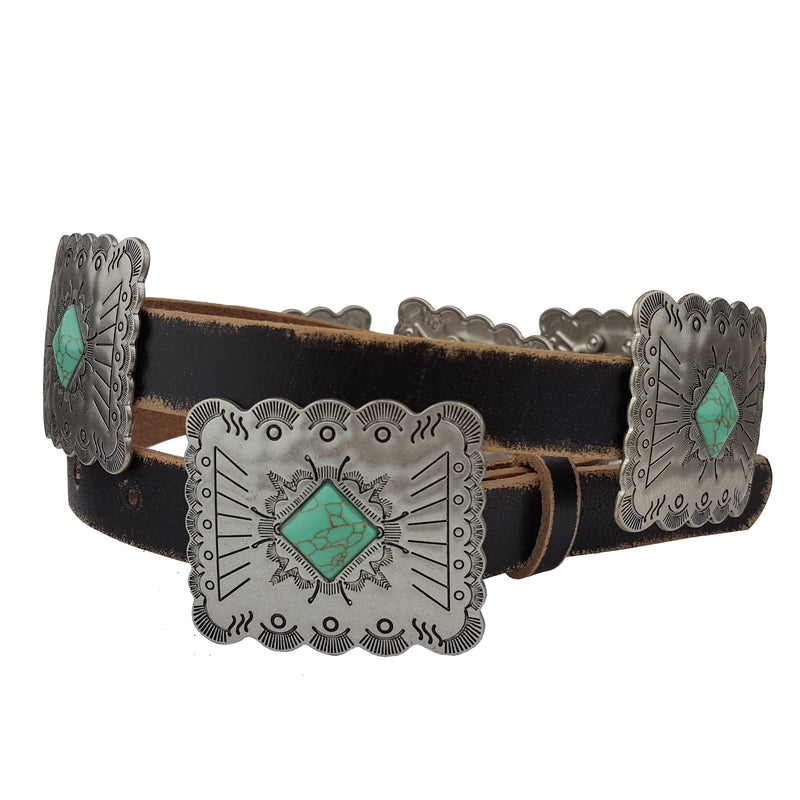 Western Genuine Distressed Leather belt w.Rectangular concho: Black / S/M