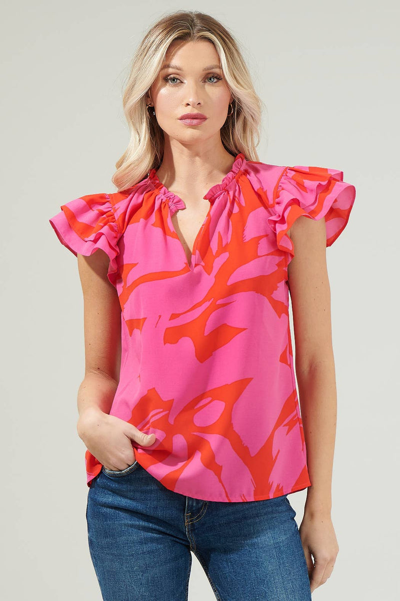 Jolene Abstract Bellissima Ruffle Sleeve Top: RED-FUCHSIA / XS