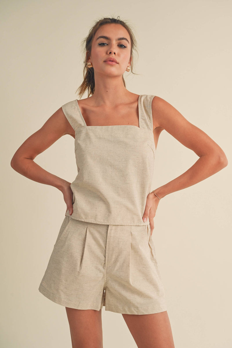 T3187ST CROSSED BACK DETAIL LINEN TOP: M / TOFFEE