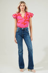 Jolene Abstract Bellissima Ruffle Sleeve Top: RED-FUCHSIA / XS