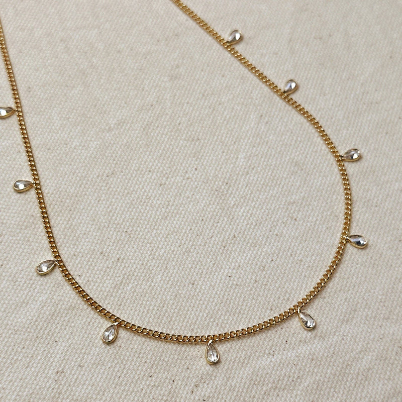 18k Gold Filled 2mm Curb Chain With Bezel CZ Drops Necklace: 14+2 extender