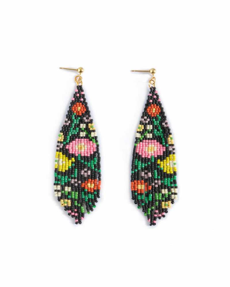 Beaded Handwoven Wildflower Fringe Earrings (Black)